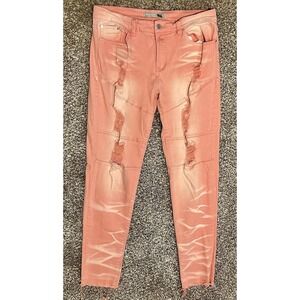 Blue Topic Jeans Juniors 11/12 Pink Distressed Skinny Mid‎ Rise Denim Frayed Hem